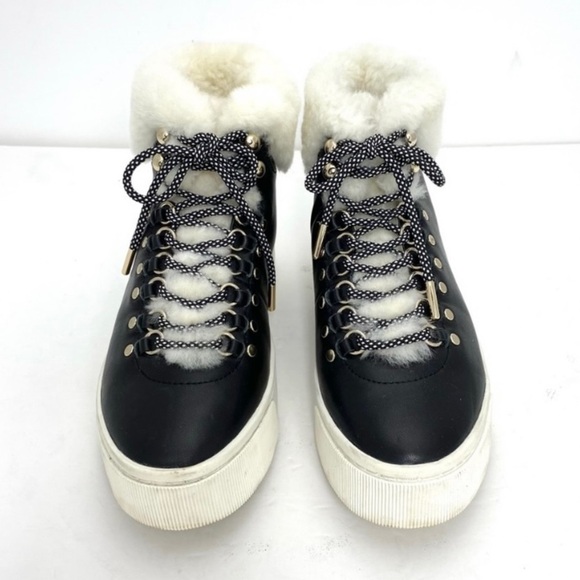JOIE Handan Shearling High-Top Fur Cuff Leather Platform Sneakers in Black Sz 5 - Picture 3 of 10